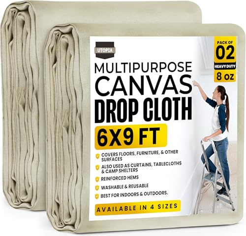 Utopia Drop Cloth for Painting (6x9 ft, 2 Pack) Washable and Reusable Drop Cloth for Painting, Furniture & Floor Protection Highly Absorbent Paint Cover - Thick Canvas Tarp for Outdoor and Indoor Use - color: 6ft x 9ft Pack of 2