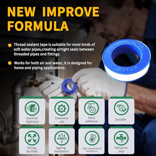 4 Rolls 1/2 Inch(W) X 520 Inches(L) Teflon Tape PTFE Thread Sealant Plumbers Tape for Seal Water Pipe, Shower Head,Prevent Leakage, White