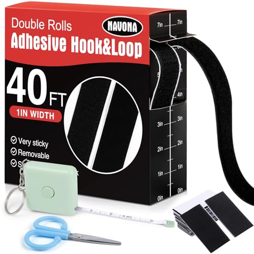 Navona 40Ft x 1Inch Hook and Loop Strips with Adhesive, Heavy Duty Self Adhesive Tape with Back, Strong Sticky Back Fastener Roll for Home, Office, School, Crafting, Black - color: 1in x 40ft-black