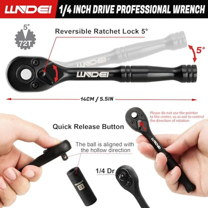LLNDEI 1/4 inch Drive Impact Socket Set 83 Piece,Standard SAE(5/32-9/16 inch) Metric Size(4-15mm),72T Ratchet Wrench Handle,CR-V Mechanics Tool Set with Adapter,Screwdriver Bits for Automotive Repair - size: 83-piece 1/4" Drive Impact Socket Set