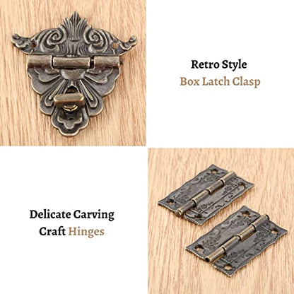 Yetaha 2Pcs Antique Hinge & 1 Pc Retro Style Padlock Lock Key, Latch Clasp Set Box Lock with 12 Screws for Decorative Jewelry Box Cabinets Doors Furniture Cases