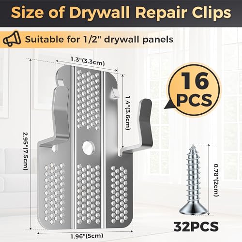16 Pack Drywall Repair Clips,Easy Install Drywall Clip 1/2 Inch,Professional Hole Repair Patch Kit for Wall and Sheetrock, Strong Metal Backing Clips with Screws for Home Improvement - color: Silver-16