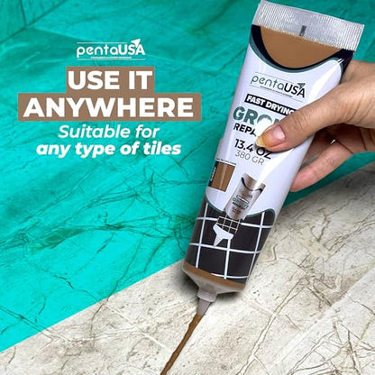 PentaUSA Tile Grout Repair Kit - Beige Brown Premixed Acrylic Sanded Grout, Water-Resistant Grout Filler for Bathroom&Shower, Kitchen Floor, Fast Drying, with Applicator, 13.4 oz (380g) - style: Beige Brown