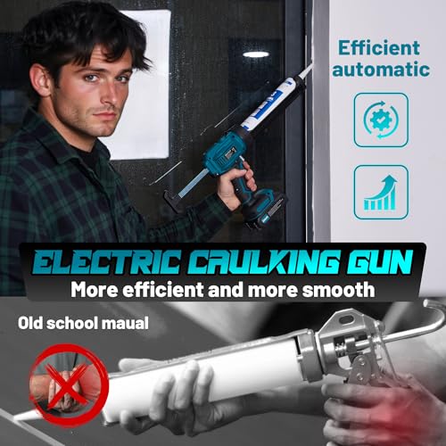 Electric Caulking Gun Cordless with 21V 2 * 2000mAh Rechargeable Batteries, 4 Adjustable Speeds up to 190 mm/min, 450LM built-in LED Light, 9 Pcs Silicone Caulking Tools set for Filling, Sealing