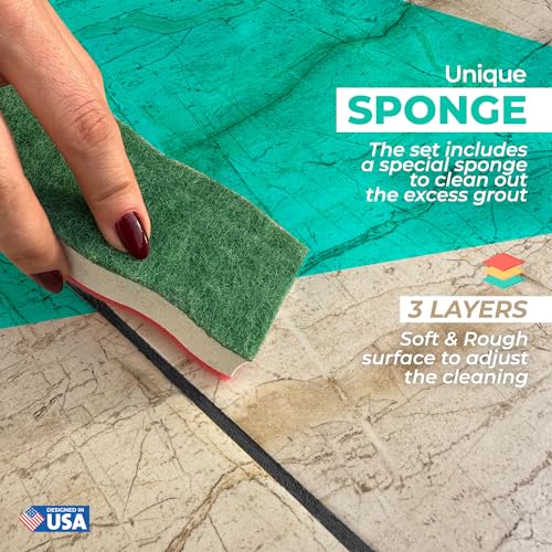 PentaUSA Tile Grout Repair Kit with Removal Tool - Premixed Acrylic Sanded Grout Filler for Bathroom, Shower, and Kitchen, Includes Applicator Spatula, and Sponge - Black (8.8oz / 250g) - style: Black