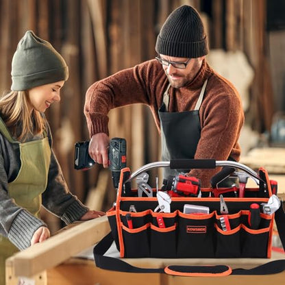 Kowsinde 18 Inch Tool Bag, Electrician Tool Bag, Open Top Tool Bags, 26 Pockets Can Hold Many Tools, Steel Handle and Removable Shoulder Strap - color: Orange