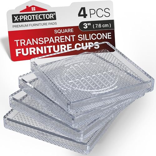 X-Protector Furniture Cups - 4 PCS 3" - Non Slip Furniture Pads for Hardwood Floors - Transparent Floor Protectors - Bed Stoppers to Prevent Sliding - Keep Furniture from Sliding on Floor! (Square) - color: Transparent