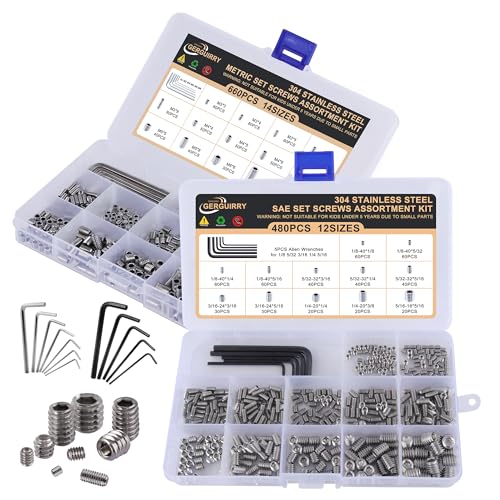 1150PCS Set Screws Assortment Kit, 26Sizes Metric & SAE Stainless Steel Screws, Allen Head Socket Hex Grub Set Screws for Bathroom Fixtures, Towel Bar (M3-M8, 1/8"-40 to 5/16"-18) - size: 1150pcs 26size