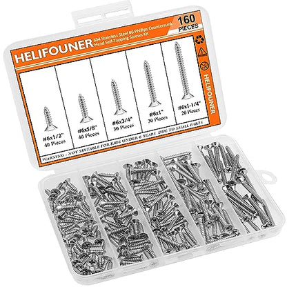 #6 x 1/2" 5/8" 3/4" 1" 1-1/4" Wood Screws Set, HELIFOUNER 160 Pieces Phillips Countersunk Head Self-Tapping Screws Assortment Kit, Phillips Flat Head Wood Screws, 304 Stainless Steel - size: #6