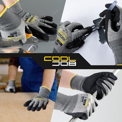 COOLJOB ANSI A5 Cut Resistant Gloves 12 Pairs, Nitrile Rubber Dipped Safety Work Gloves for Men, Knife Proof with Grip Coating for Construction Warehouse Glass Wood Work, Grey Xlarge - size: X-Large, style: A5 Pack of 12