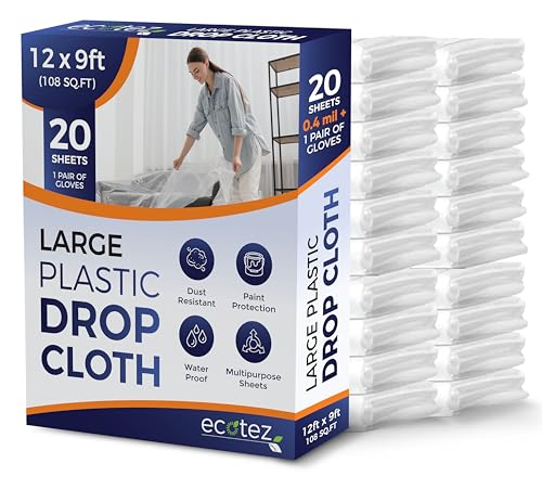 20 Pack 12 x 9 ft Extra Large Plastic Drop Cloth for Painting - Light & Durable Tarp Cover for Furniture - Plastic Clear Tarp Waterproof - Paint Floor Covering - Painters Drop Cloth Sheeting - size: 20 Pack