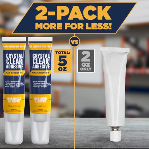 [2-Pack] Clear Construction Adhesive, Max Strength — 2.5 oz Crystal Clear Fast-Drying Waterproof Glue & Sealer for Wood, Tile, Metal, Concrete, Glass & More, Multi-Surface DIY Repair, American Owned