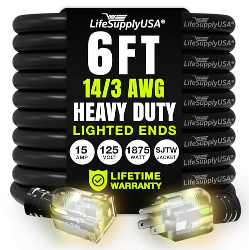 6ft Outdoor/Indoor Extension Cord 14/3 Gauge Heavy Duty 3 Prong SJTW, Waterproof, Flexible Cold-Resistant Long Power Cord,15A 125V 1875W, Black by LifeSupplyUSA - color: Black, size: 6 FT, style: 14AWG