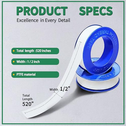 4 Rolls 1/2 Inch(W) X 520 Inches(L) Teflon Tape PTFE Thread Sealant Plumbers Tape for Seal Water Pipe, Shower Head,Prevent Leakage, White