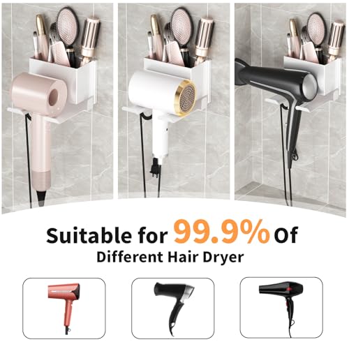 Hair Dryer Holder Wall Mounted, Hair Tools Organizer, Bathroom Space-Saving Blow Dryer Organizer Curling Irons Storage Hair Dryer Comb Attachments White (Self-Adhesive and Drilling) - color: White