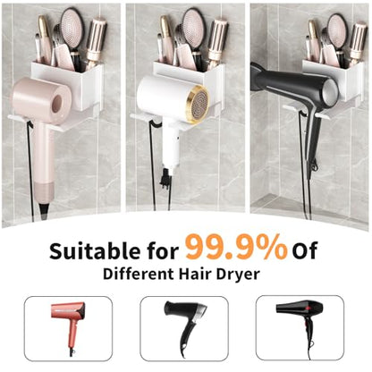 Hair Dryer Holder Wall Mounted, Hair Tools Organizer, Bathroom Space-Saving Blow Dryer Organizer Curling Irons Storage Hair Dryer Comb Attachments White (Self-Adhesive and Drilling) - color: White