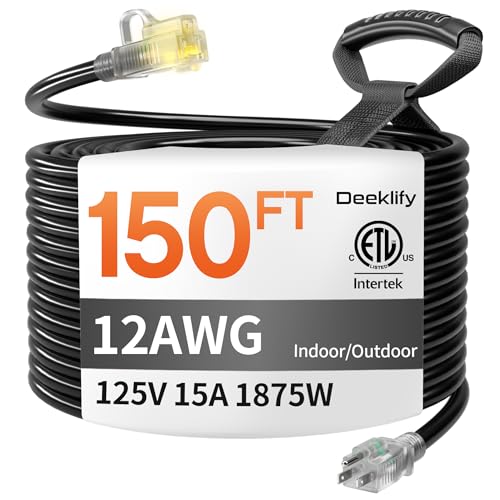 12 Gauge 150 FT Heavy Duty Outdoor Extension Cord Waterproof with Lighted End,Black 12 Gauge Extension Cord Flexible and Cold Resistant 3 Prong Grounded Plug,15Amp 1875W SJTW ETL Listed - size: 150ft-1pc