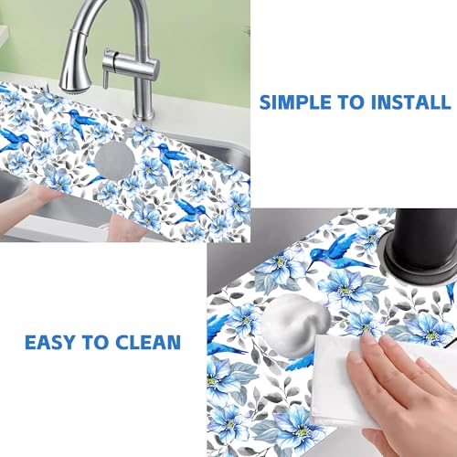 Kitchen Sink Splash Guard Faucet Mat Blue Floral and Hummingbird Absorbent Fast Drying Mat Faucet Draining Mat Sink Splash Guard Behind Faucet Drip Catcher for Kitchen Bathroom 24" X 5.5" - size: 5.5"x24"