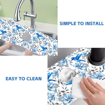 Kitchen Sink Splash Guard Faucet Mat Blue Floral and Hummingbird Absorbent Fast Drying Mat Faucet Draining Mat Sink Splash Guard Behind Faucet Drip Catcher for Kitchen Bathroom 24" X 5.5" - size: 5.5"x24"