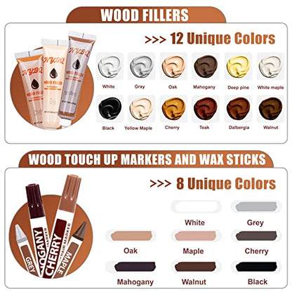 Wood Furniture Repair Kit- Set of 41 Laminate Vinyl Floor Repair Kit Wood Fillers,Floor Scratch Repair, Touch Up Markers, Restore Hardwood Scratches, Cracks, Hole for Floor, Table, Door, Cabinet