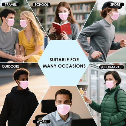NNPCBT Pink Disposable Face Masks 125 Pack,3-Ply Breathable Mask For Adults,Great For Outdoors,Home, Office, School - color: Adult-125 Pack-pink