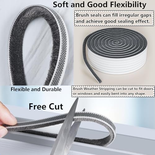 Weather Stripping Door Seal 2 Packs 0.2in (T x 0.4in (W) x 66FT,Grey Brush Self Adhesive Brush Seal Tape for Door Window Draft Stopper Noise Blocker Sliding Door - size: 2 Pack 0.2"x 0.4" x33FT