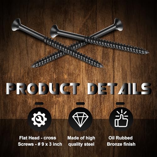 Hicarer 48 Pcs Oil Rubbed Bronze Wood Screws 9 x 3 Inch Black Extra Long Security Door Cabinet DIY Projects Hinge Screws, Flat Head, Anti Corrosion