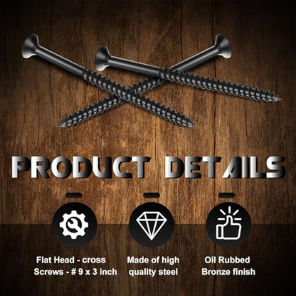 Hicarer 48 Pcs Oil Rubbed Bronze Wood Screws 9 x 3 Inch Black Extra Long Security Door Cabinet DIY Projects Hinge Screws, Flat Head, Anti Corrosion