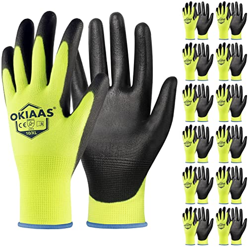 OKIAAS Work Gloves for Men, Ultra Thin and Lightweight Working Gloves with Grip, 12 Pairs Bulk Pack Construction Gloves with Polyurethane Coating for Light Duty Work (Green, X-Large) - color: Yellow (12 Pairs), size: X-Large