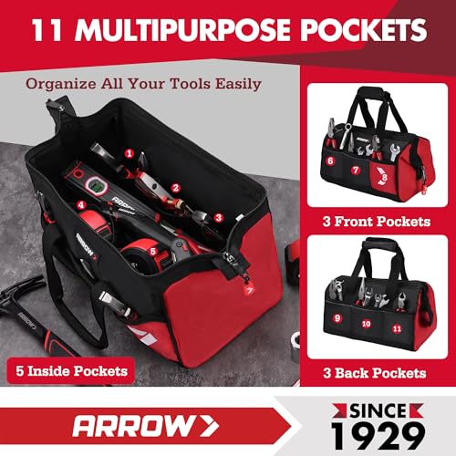 ARROW 14" Heavy Duty Tool Bag with Anti-Slip Feet, Tool Organizer Bag with Reflective Band, 840D Oxford Fabric, Multiple 11 Pockets, Soft Tool Bag for Men Women Electrician Mechanic Plumber HVAC - size: 14 Inch