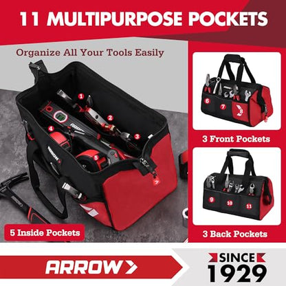 ARROW 14" Heavy Duty Tool Bag with Anti-Slip Feet, Tool Organizer Bag with Reflective Band, 840D Oxford Fabric, Multiple 11 Pockets, Soft Tool Bag for Men Women Electrician Mechanic Plumber HVAC - size: 14 Inch