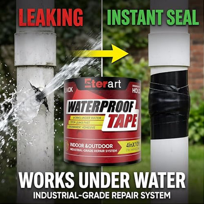 Waterproof Tape Black 4 Inch x 10 FT - Heavy Duty Rubberized Seal Repair for Active Leaks - Fix Roofs, Underwater Pool Liners & Pipes - All-Weather Emergency Patch Tool for Homeowners & Campers - color: Black