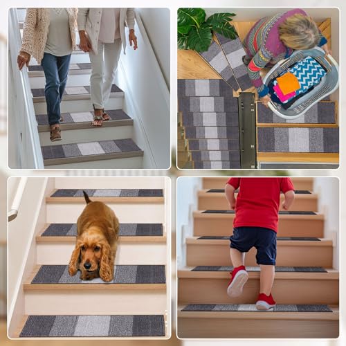 OLANLY Stair Treads Non Slip 15PCS, 8" x 30" Indoor Stair Runners for Wooden Steps, Edging Stair Rugs with Reusable Peel and Stick Adhesive for Kids Elders and Pets, Grey - color: Grey