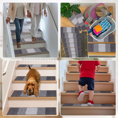 OLANLY Stair Treads Non Slip 15PCS, 8" x 30" Indoor Stair Runners for Wooden Steps, Edging Stair Rugs with Reusable Peel and Stick Adhesive for Kids Elders and Pets, Grey - color: Grey