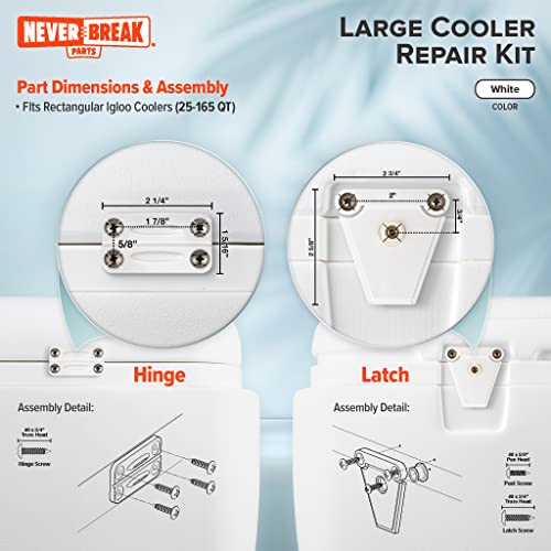 NeverBreak Parts - Igloo Cooler Replacement Parts - Large Repair Kit | High Strength Igloo Cooler Hinges Replacement with Latches | Ice Chest Repair Kit - color: White