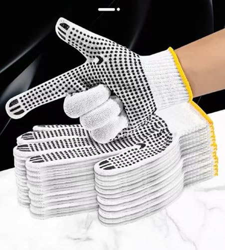 Safety Work Gloves with Anti-slip Dots 12 Pairs White Polyester Knitted Gloves for Garage Warehouse Industrial Gardening - color: Black