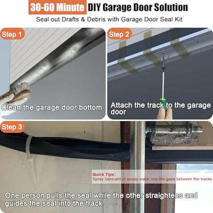 Garage Door Seals Bottom Rubber – 8FT EPDM Weatherproof Seal with Pre-Drilled Aluminum Track Retainer Kit, Fits 8-20FT Doors, Rodent Proof, Noise Reducing (1.57" Width, Black) - size: With Aluminum Track - 8 FT