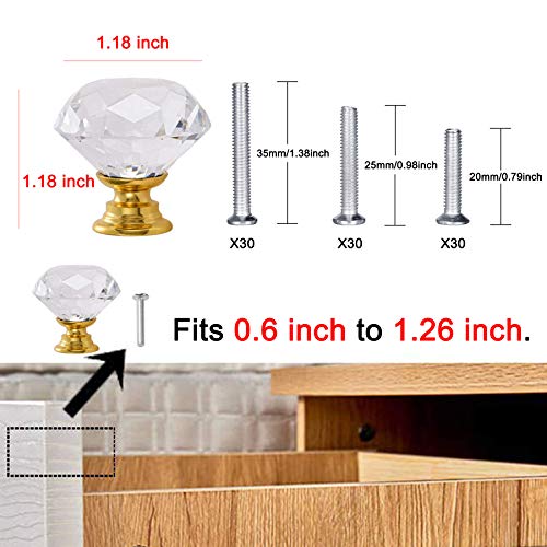 YourGift 30 Pack Drawer Knobs Diamond Shaped Crystal Glass 30mm Cabinet Knobs Pull Handle (30 mm, 30 Pack, Gold) - color: Gold, size: 30 mm, 30 Pack