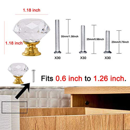 YourGift 30 Pack Drawer Knobs Diamond Shaped Crystal Glass 30mm Cabinet Knobs Pull Handle (30 mm, 30 Pack, Gold) - color: Gold, size: 30 mm, 30 Pack