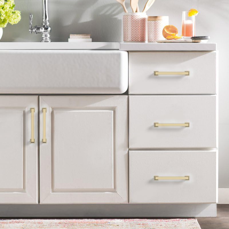 9BUILD 6 Pack 5 Inch Brushed Brass Cabinet Handles - Gold Kitchen Hardware Pulls for Cabinets and Cupboards - color: Brushed Brass, size: 5"/128MM Hole Center, style: 6 Pack