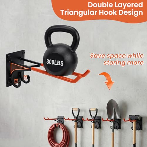 REEWII 14" Large Heavy Duty Garage Hooks,2 Pack Double-Layer Steel Wall Hook,Non-Slip Coated Gardening Tool Hook for Tool Organization, Shed Storage, Ladder Hook, Car Tire Storage - size: 2 Pack