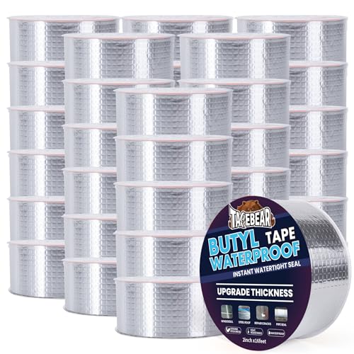 TAPEBEAR 36Rolls Extra Thicker Butyl Tape Waterproof 2inch x16feet, 51mil Aluminum Butyl Sealant Tape, Duct Sealing Adhesive for RV Roof Repair, Boat and Pipe Sealing, Metal, Roof Leak Patching - size: 36Rolls/2inch x 16feet
