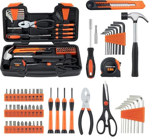 MARTCOLOR 58 Piece Household Tool Set, General Household Hand Tool Kit with Plastic Toolbox Storage Case, All Purpose Household Tool Kit for Home, Garage, Office and College Dormitory Use, Orange - color: Orange