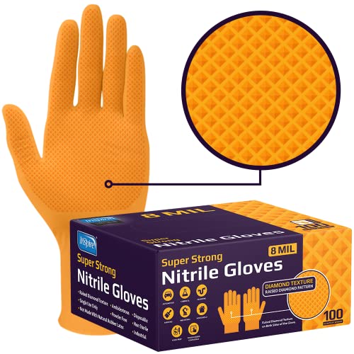 Inspire Heavy Duty Orange Nitrile Gloves | ULTRA 8 Mil Diamond Textured Grip | Industrial Mechanic Disposable Cleaning Gloves - size: Medium