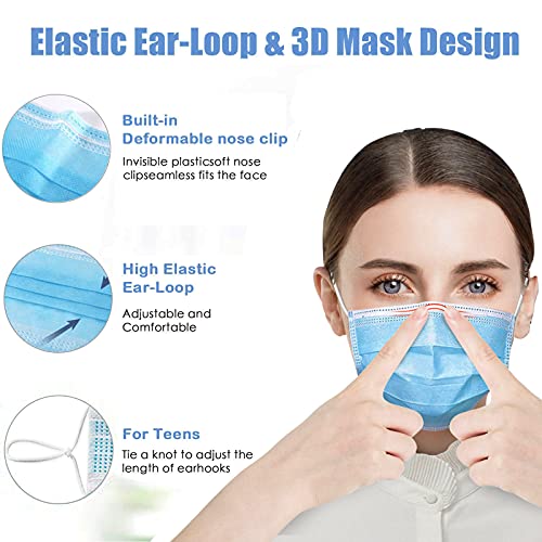 DC-BEAUTIFUL 100 Pcs Blue Disposable 3 Ply Earloop Face Masks,Fit for Adults - color: Blue
