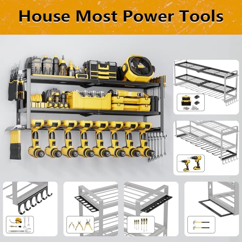Power Tool Organizer - 3 Layer 8 Drill Holder Wall Mount, Storage Rack for Garage Organization, Large Tool Shelf, Gifts for Him Men Dad Husband Anniversary Fathers Day, Cool Gadget Stocking Stuffer - size: Jet Black/Y