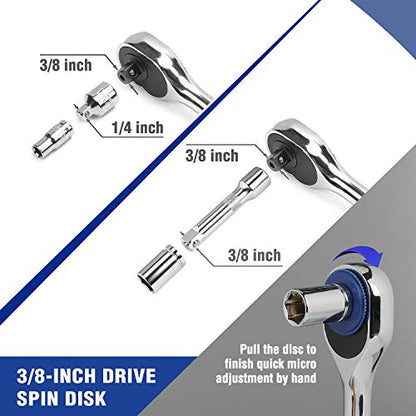 WORKPRO 39-Piece Drive Socket Set 1/4'' & 3/8'', CR-V Metric and SAE Sockets with Quick-Release Ratchet Wrench, Extension Bar, Spinner Handle & Adapter, Compact Mechanics Tool Set for Car Repair - color: Silver