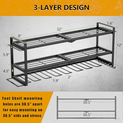 Power Tool Organizer - 3 Layer 8 Drill Holder Wall Mount, Storage Rack for Garage Organization, Large Tool Shelf, Gifts for Him Men Dad Husband Anniversary Fathers Day, Cool Gadget Stocking Stuffer - size: Jet Black/Y