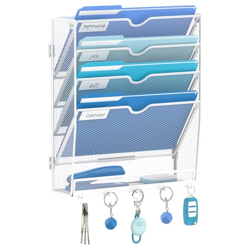 5 Tier Wall File Organizer - Hanging File Organizer with 5 Hooks, Mail Holder Wall Mounted for Papers, Folders, Magazines, Bills, Office&School Organization, White - size: 5 Tier-White