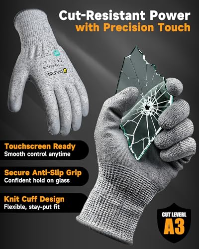 DULFINE ANSI A3 Cut Resistant Work Gloves for Men and Women, PU Coated,Ideal for Woodworking, Glass Cutting, Construction - size: X-Large